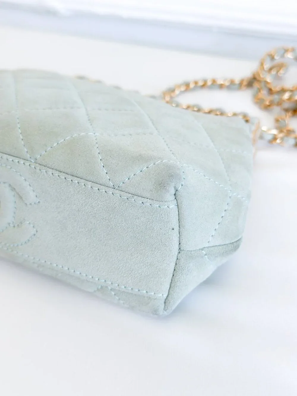 Vintage Chanel Quilted Suede Chain Frame Bag – Mint Green Kiss Lock Shoulder Bag